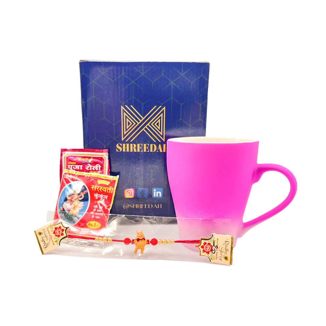 Shreedah Rakhi Combo Gift Hamper with Coffee Mug, Roli, Rice (Pink with Tint of White)